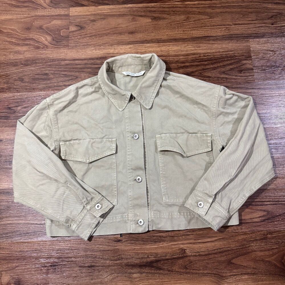 Zara Denim Soft Denim Jacket Cropped Women Size Medium Cotton Beige Button Front